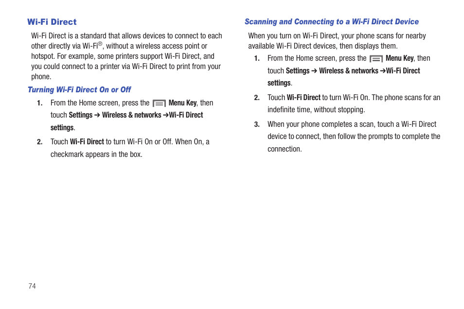 Wi-fi direct | Samsung SCH-S720ZKATFN User Manual | Page 78 / 137