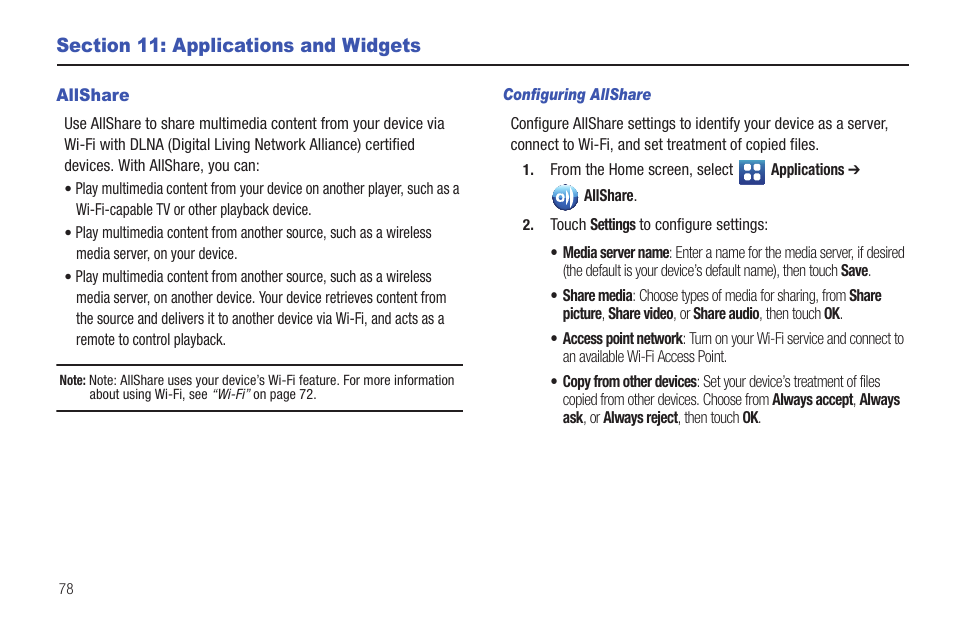 Section 11: applications and widgets, Allshare | Samsung SCH-S720ZKATFN User Manual | Page 82 / 137