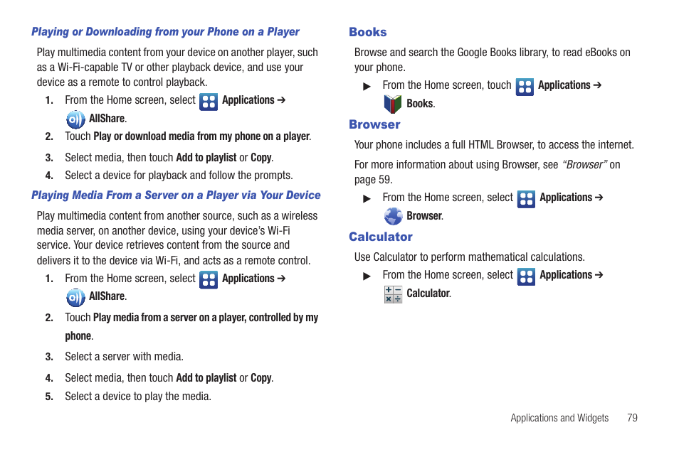 Books, Browser, Calculator | Books browser calculator | Samsung SCH-S720ZKATFN User Manual | Page 83 / 137