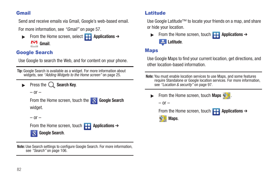 Gmail, Google search, Latitude | Maps, Gmail google search latitude maps | Samsung SCH-S720ZKATFN User Manual | Page 86 / 137