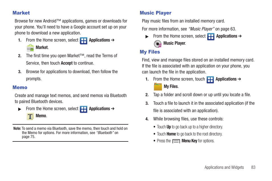 Market, Memo, Music player | My files, Market memo music player my files | Samsung SCH-S720ZKATFN User Manual | Page 87 / 137