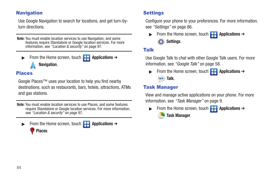 Navigation, Places, Settings | Talk, Task manager, Navigation places settings talk task manager | Samsung SCH-S720ZKATFN User Manual | Page 88 / 137