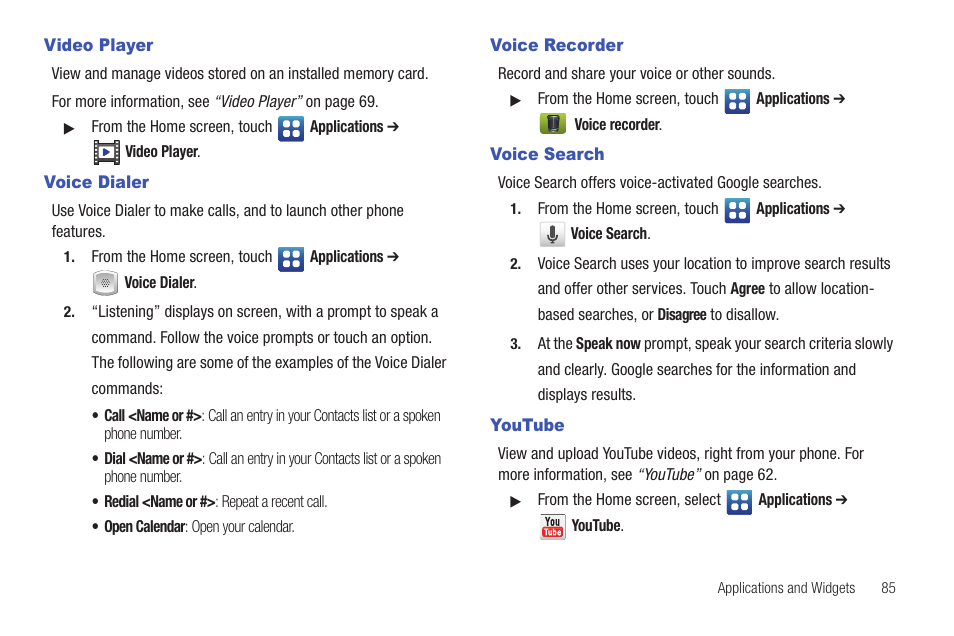Video player, Voice dialer, Voice recorder | Voice search, Youtube | Samsung SCH-S720ZKATFN User Manual | Page 89 / 137