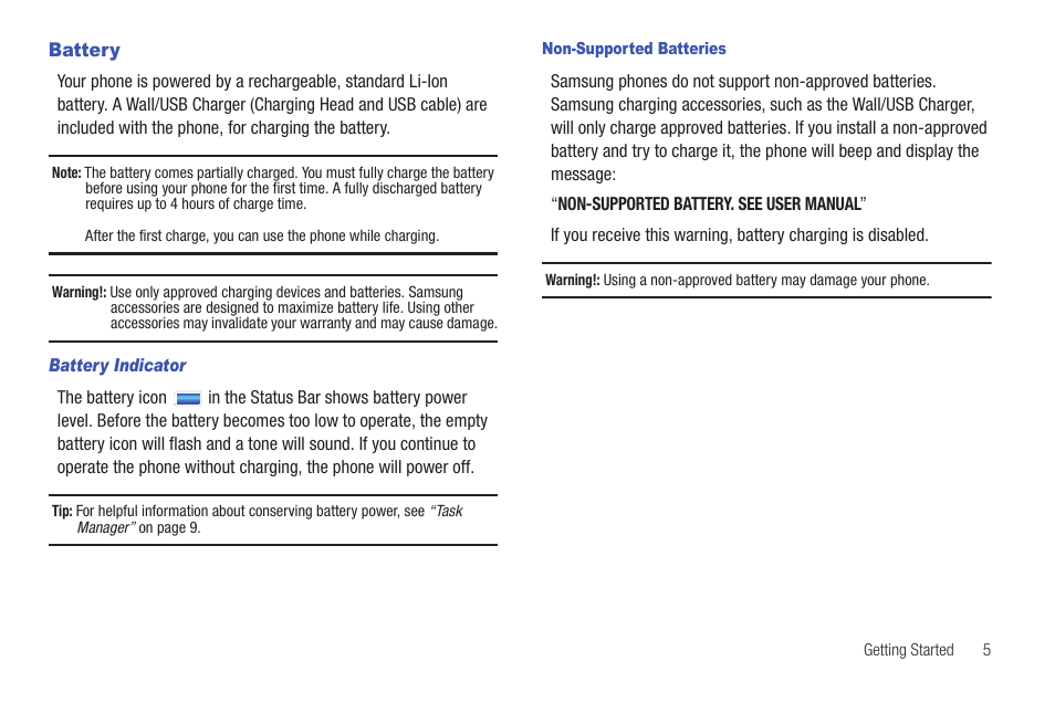 Battery | Samsung SCH-S720ZKATFN User Manual | Page 9 / 137