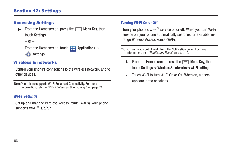 Section 12: settings, Accessing settings, Wireless & networks | Accessing settings wireless & networks | Samsung SCH-S720ZKATFN User Manual | Page 90 / 137