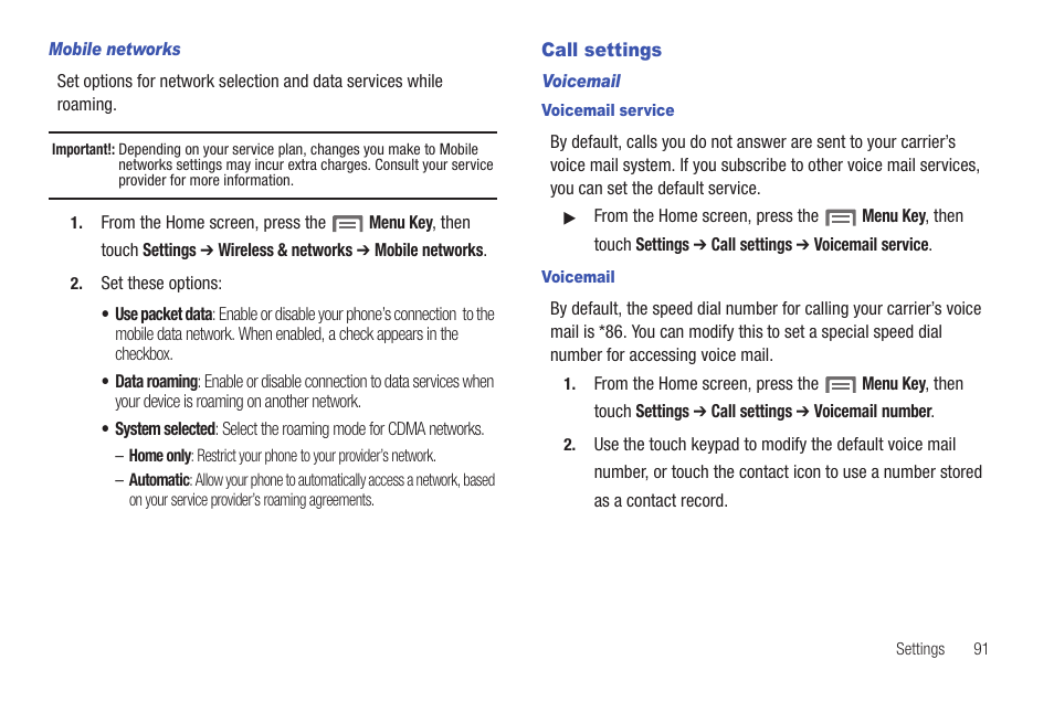 Call settings | Samsung SCH-S720ZKATFN User Manual | Page 95 / 137