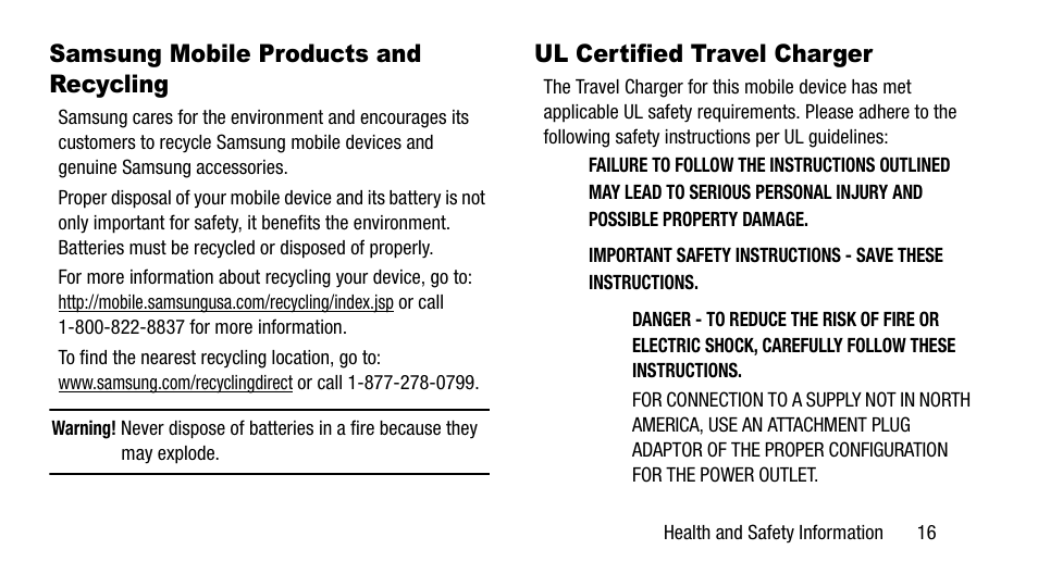 Samsung mobile products and recycling, Ul certified travel charger | Samsung SM-T337AZWAATT User Manual | Page 23 / 56