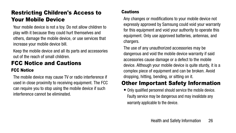 Fcc notice and cautions, Other important safety information, Restricting children's access to your | Mobile device | Samsung SM-T337AZWAATT User Manual | Page 33 / 56