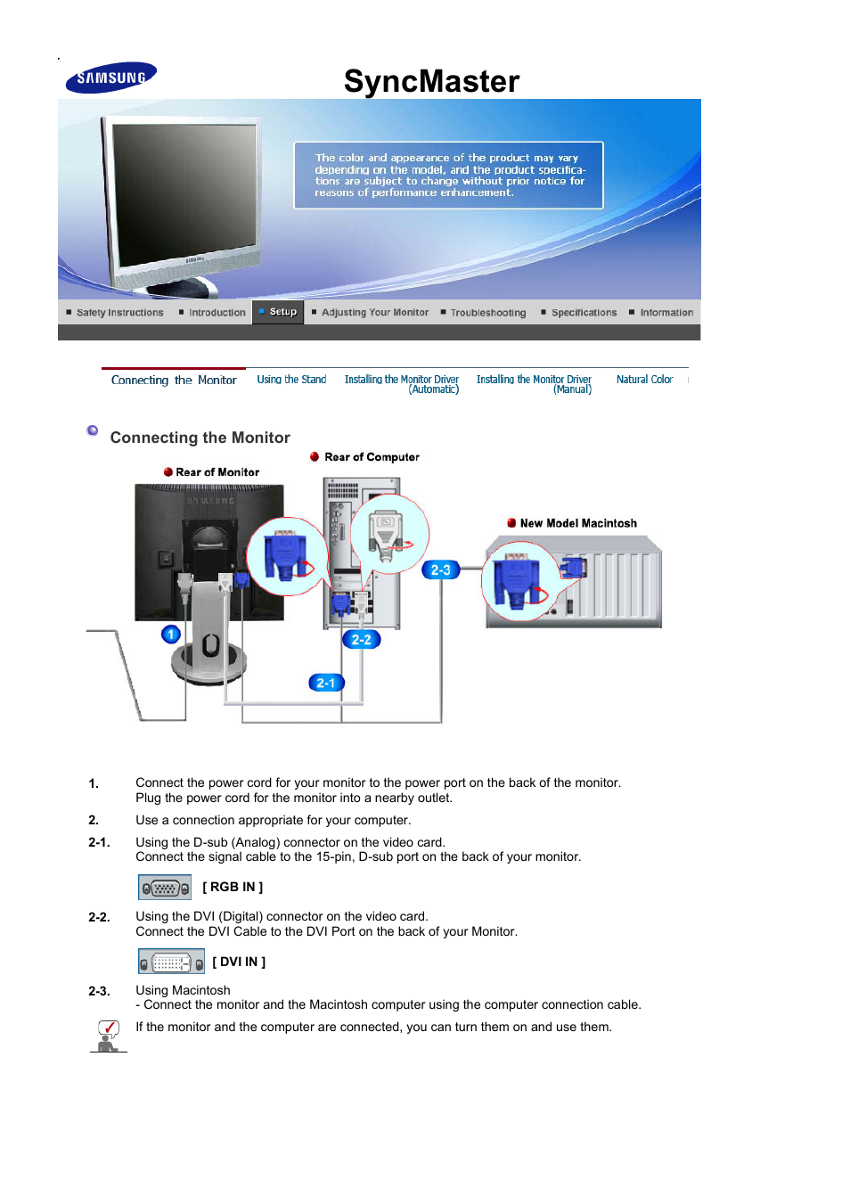 Setup, Syncmaster 913bm plus, Connecting the monitor | Samsung LS17PLMSSB-DZS User Manual | Page 19 / 89