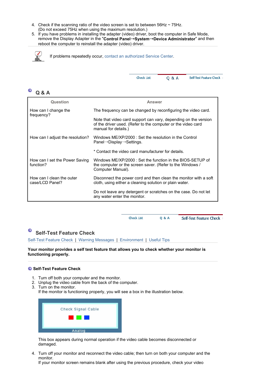 Q & a, Self-test feature check, Specifications | Syncmaster 913bm plus | Samsung LS17PLMSSB-DZS User Manual | Page 73 / 89