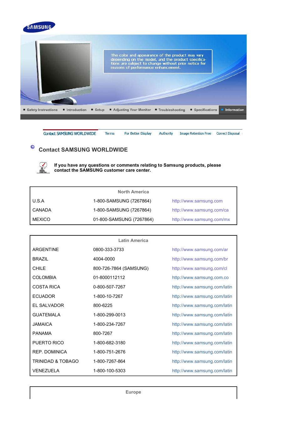 Information, Contact samsung worldwide | Samsung LS17PLMSSB-DZS User Manual | Page 82 / 89