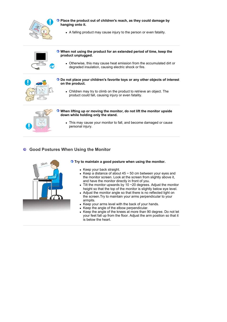 Good postures when using the monitor | Samsung LS17PLMSSB-DZS User Manual | Page 9 / 89