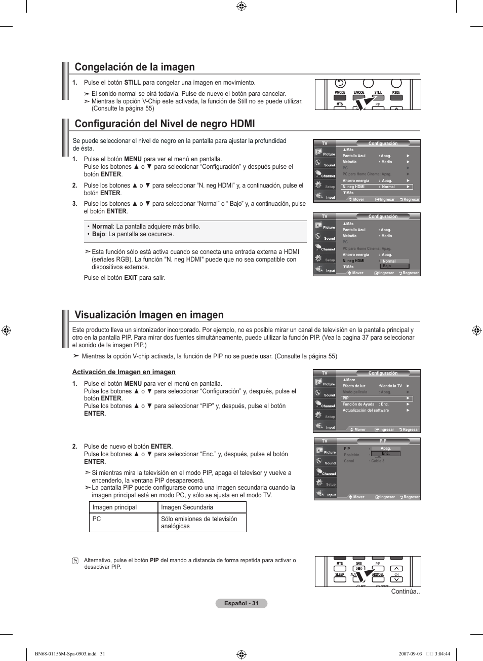 Congelación de la imagen, Configuración del nivel de negro hdmi, Visualización imagen en imagen | Samsung LNT3753HX-XAA User Manual | Page 102 / 139