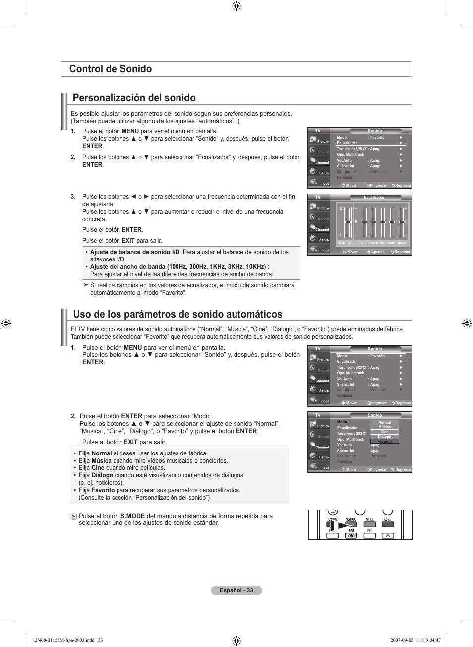 Personalización del sonido, Uso de los parámetros de sonido automáticos, Control de sonido | Samsung LNT3753HX-XAA User Manual | Page 104 / 139