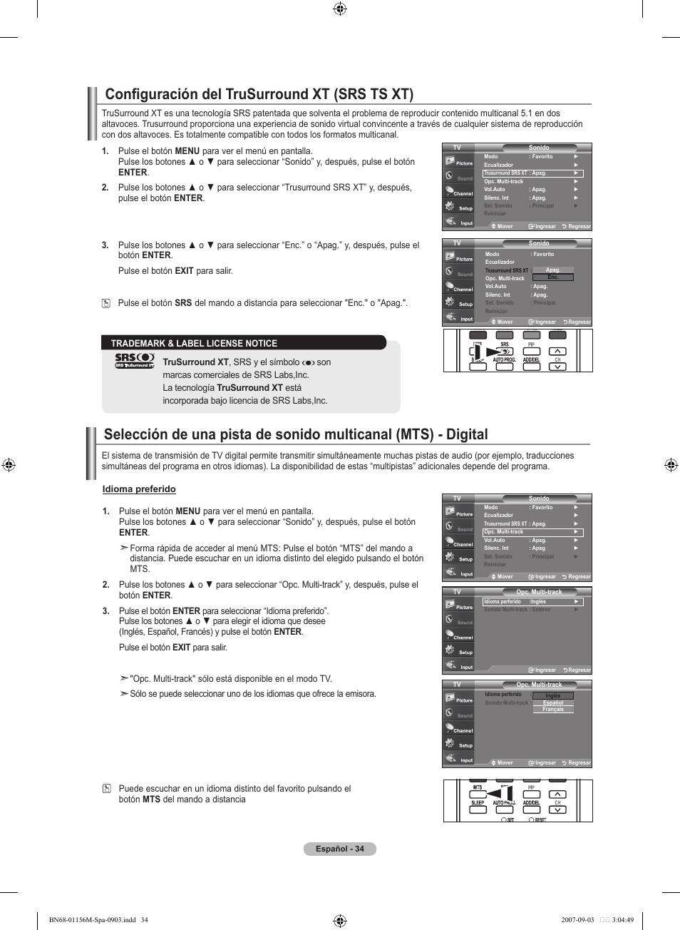 Configuración del trusurround xt (srs ts xt) | Samsung LNT3753HX-XAA User Manual | Page 105 / 139