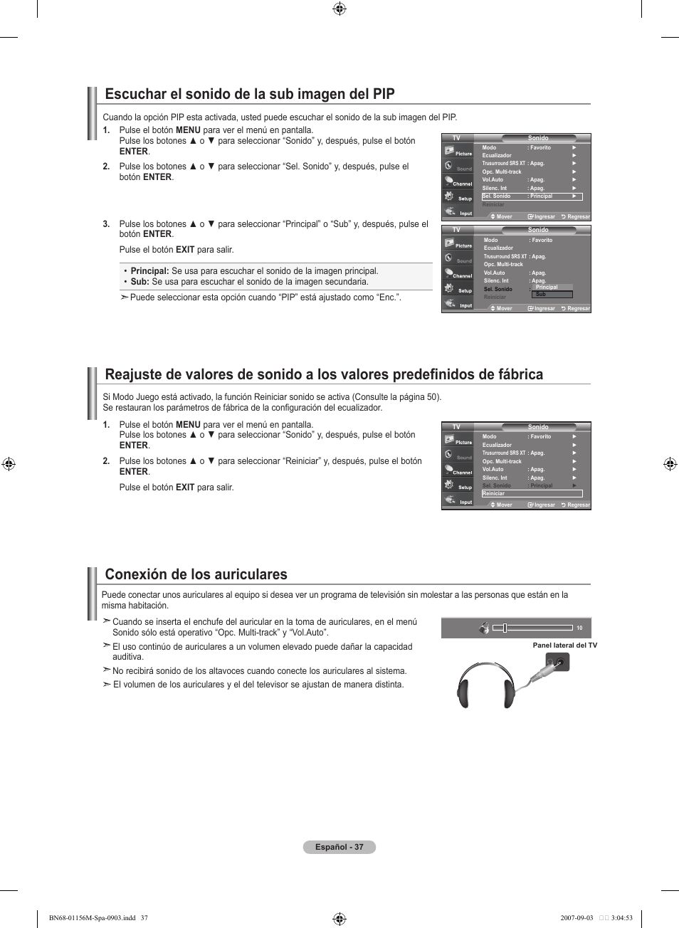 Conexión de los auriculares, Escuchar el sonido de la sub imagen del pip | Samsung LNT3753HX-XAA User Manual | Page 108 / 139