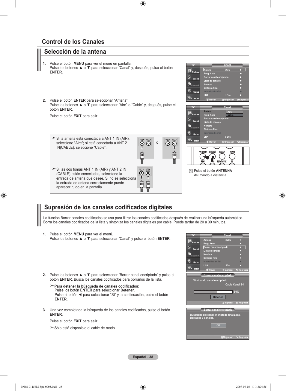 Control de los canales selección de la antena, Supresión de los canales codificados digitales | Samsung LNT3753HX-XAA User Manual | Page 109 / 139