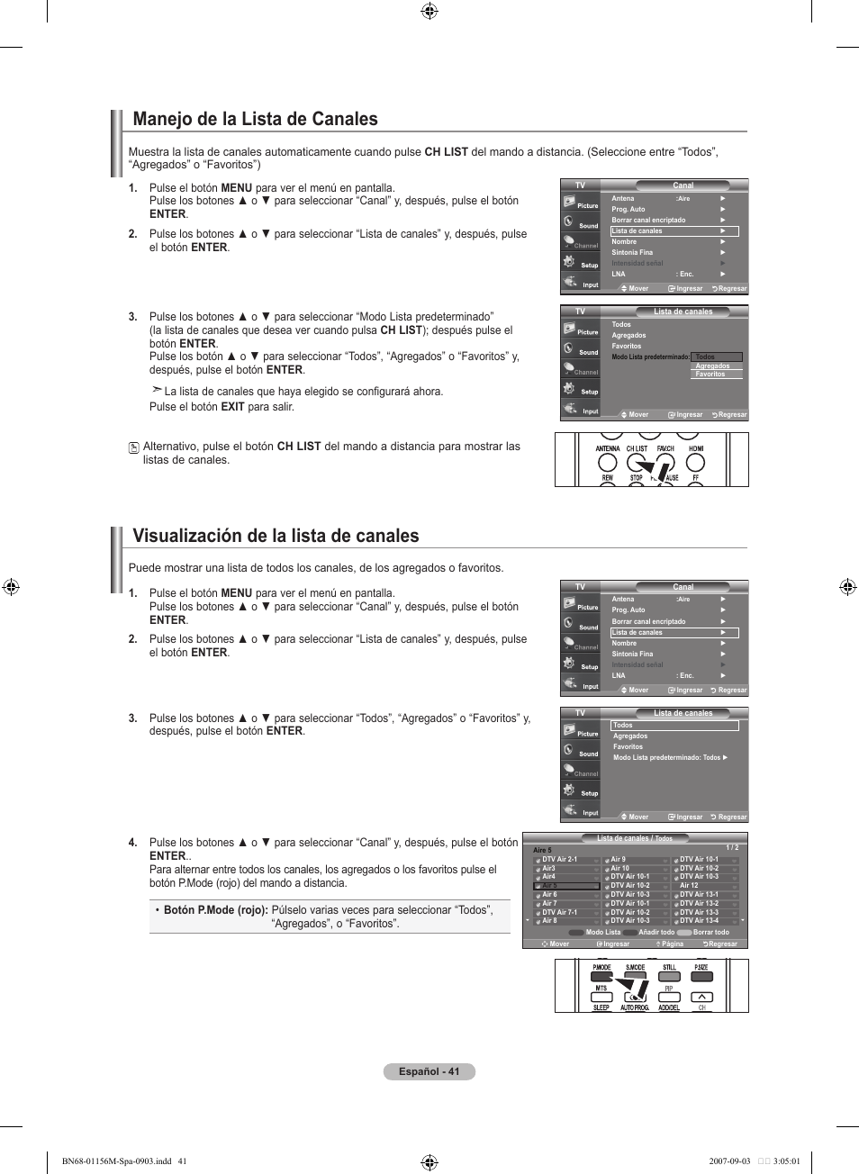 Manejo de la lista de canales, Visualización de la lista de canales | Samsung LNT3753HX-XAA User Manual | Page 112 / 139