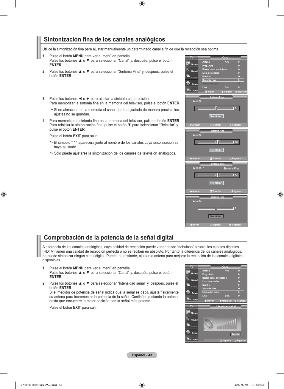Sintonización fina de los canales analógicos, Comprobación de la potencia de la señal digital | Samsung LNT3753HX-XAA User Manual | Page 114 / 139