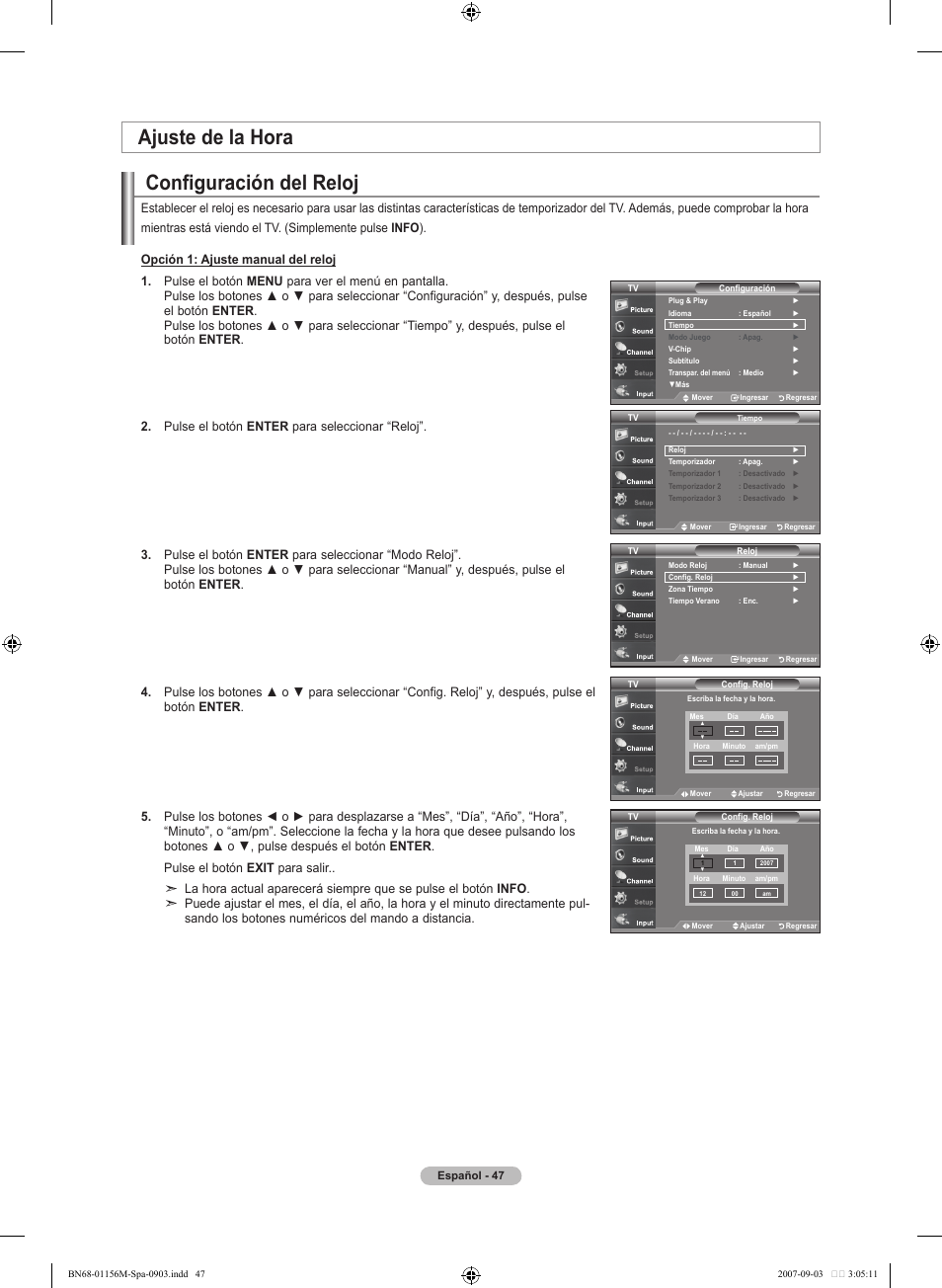 Configuración del reloj, Ajuste de la hora | Samsung LNT3753HX-XAA User Manual | Page 118 / 139