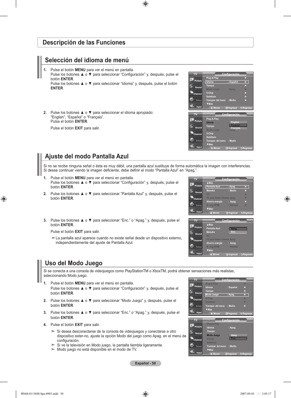 Ajuste del modo pantalla azul, Selección del idioma de menú, Descripción de las funciones | Uso del modo juego | Samsung LNT3753HX-XAA User Manual | Page 121 / 139