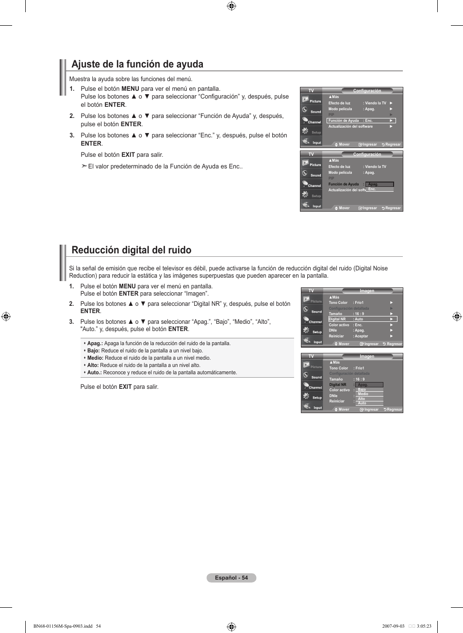 Ajuste de la función de ayuda, Reducción digital del ruido, Pulse el botón exit para salir | Samsung LNT3753HX-XAA User Manual | Page 125 / 139