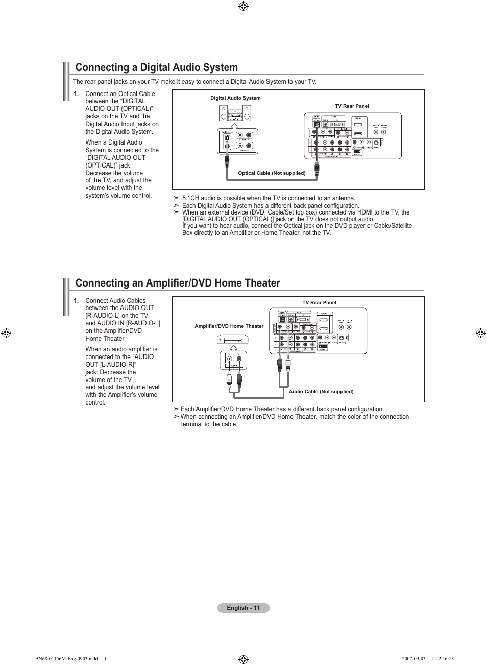 Connecting a digital audio system, Connecting an amplifier/dvd home theater | Samsung LNT3753HX-XAA User Manual | Page 13 / 139