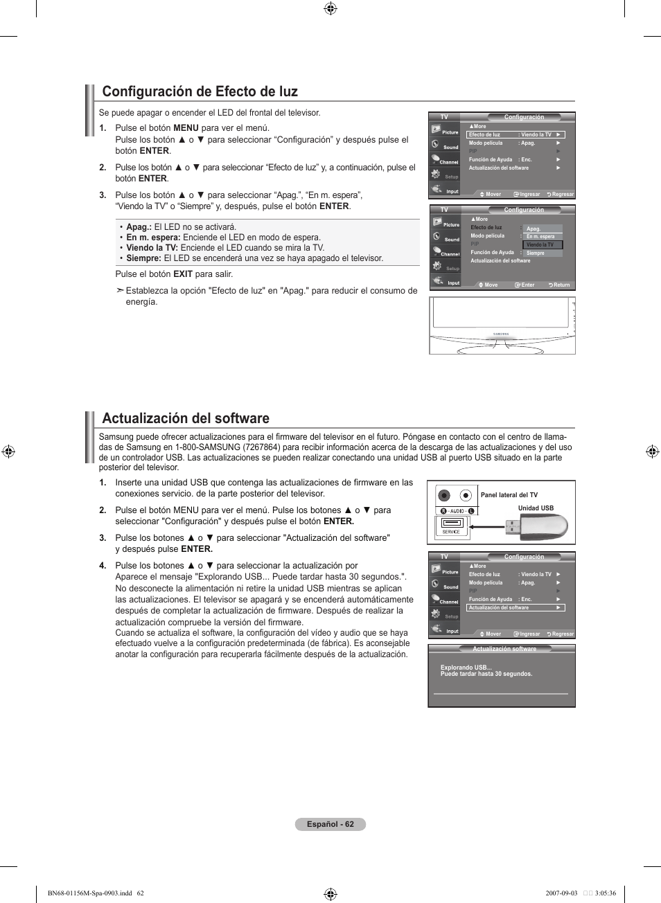 Actualización del software, Configuración de efecto de luz | Samsung LNT3753HX-XAA User Manual | Page 133 / 139