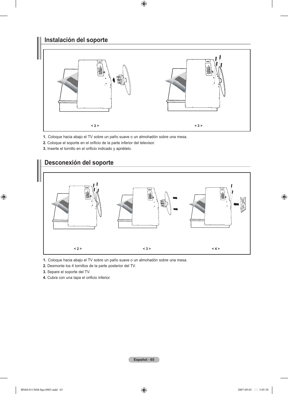 Instalación del soporte, Desconexión del soporte | Samsung LNT3753HX-XAA User Manual | Page 136 / 139