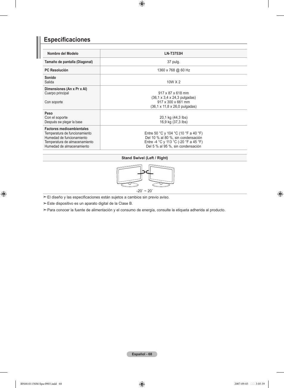 Especificaciones | Samsung LNT3753HX-XAA User Manual | Page 139 / 139