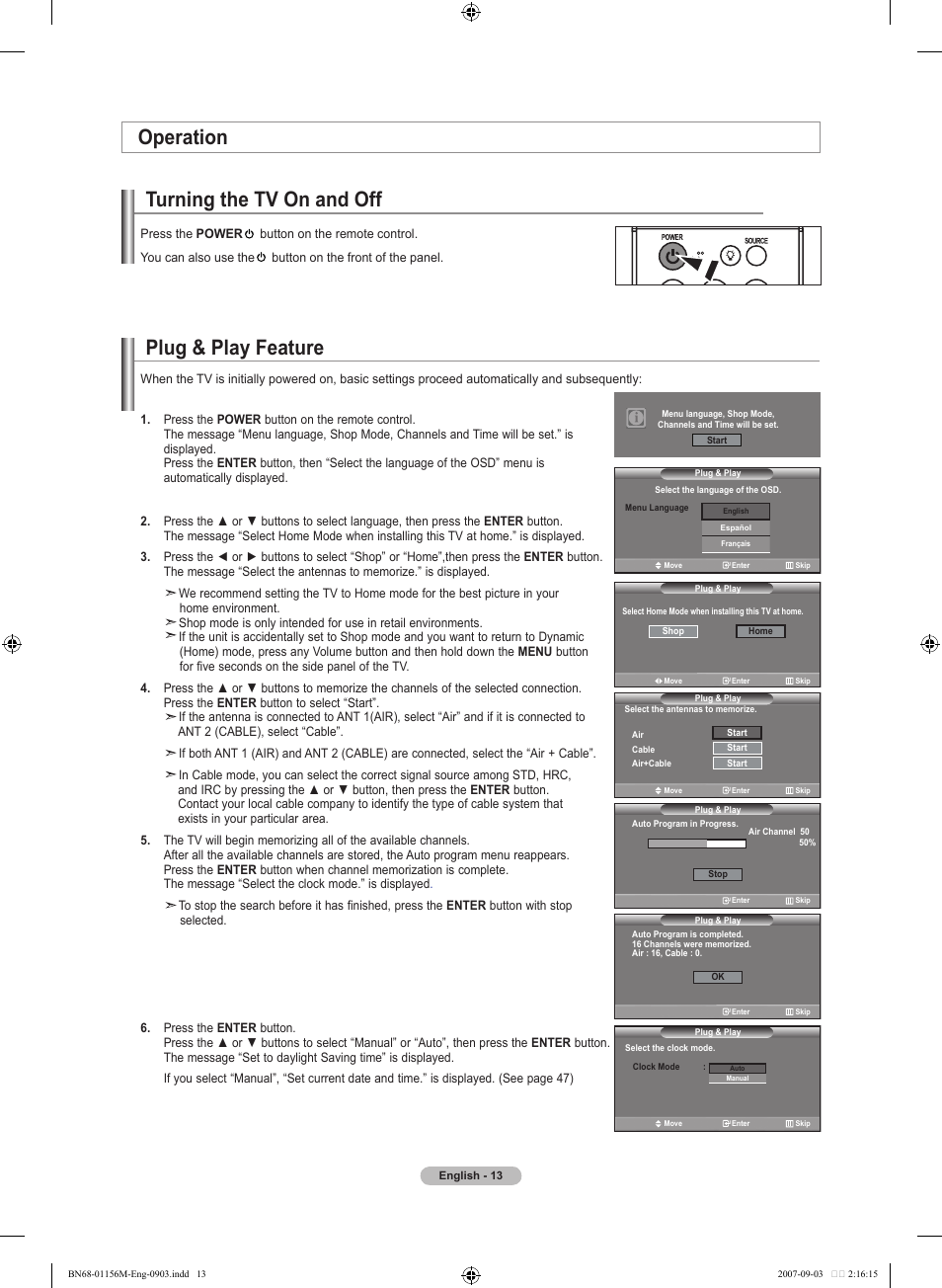 Operation, Turning the tv on and off, Plug & play feature | Samsung LNT3753HX-XAA User Manual | Page 15 / 139