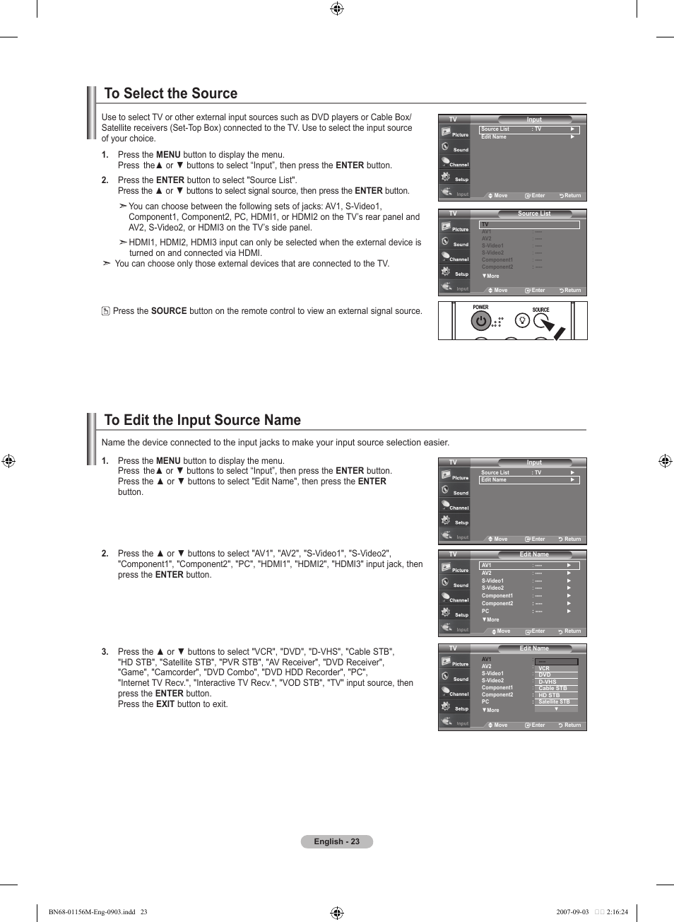 To select the source, To edit the input source name | Samsung LNT3753HX-XAA User Manual | Page 25 / 139