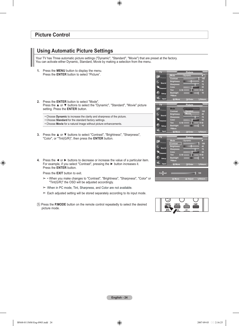 Picture control, Using automatic picture settings | Samsung LNT3753HX-XAA User Manual | Page 26 / 139