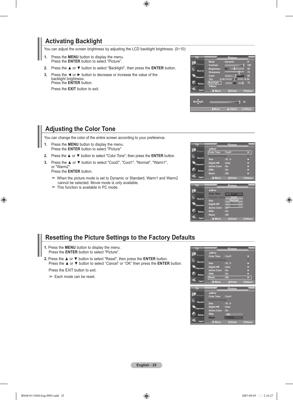 Activating backlight, Adjusting the color tone | Samsung LNT3753HX-XAA User Manual | Page 27 / 139