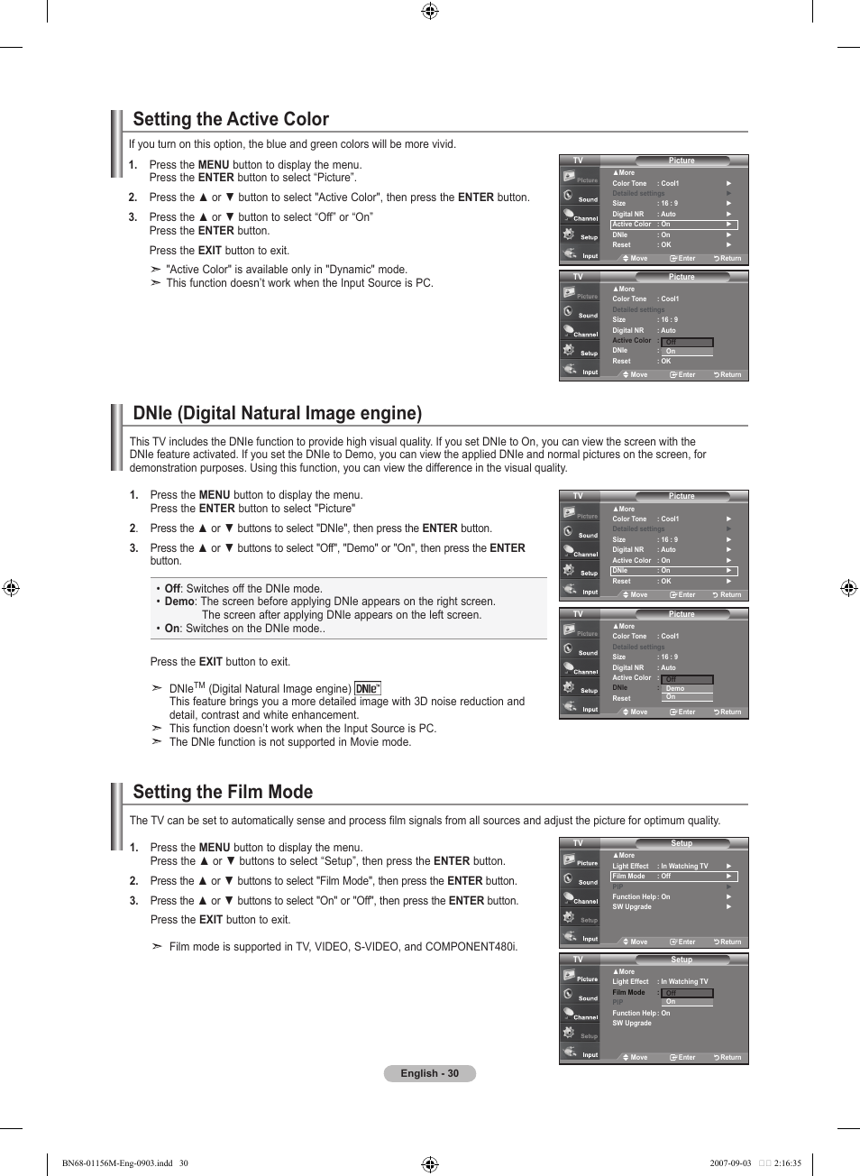 Setting the active color, Dnie (digital natural image engine), Setting the film mode | Samsung LNT3753HX-XAA User Manual | Page 32 / 139