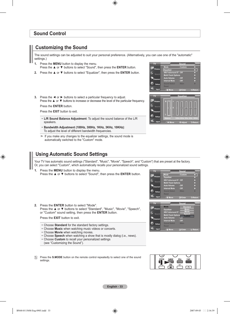 Sound control, Customizing the sound, Using automatic sound settings | Samsung LNT3753HX-XAA User Manual | Page 35 / 139