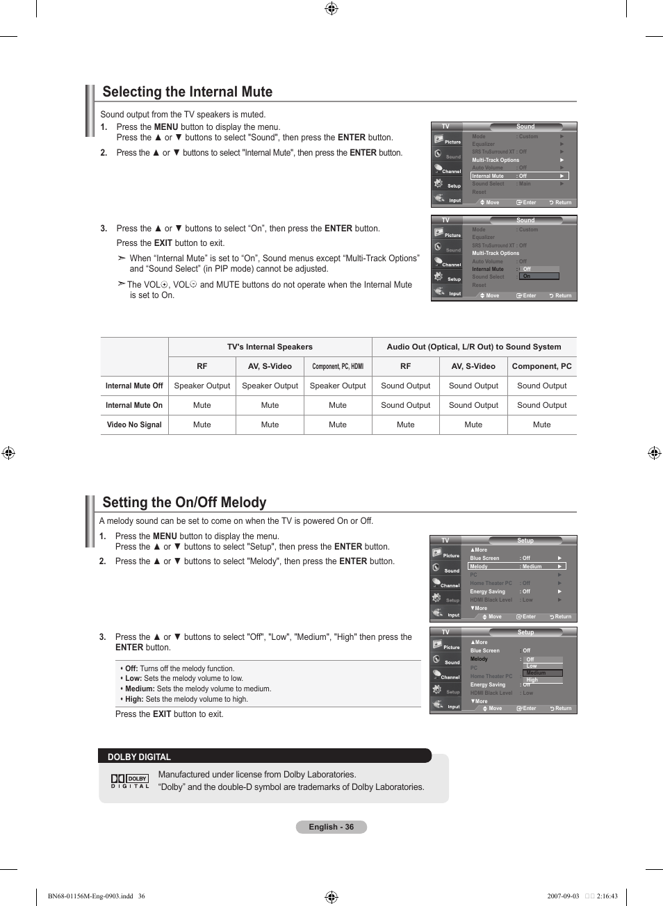 Selecting the internal mute, Setting the on/off melody | Samsung LNT3753HX-XAA User Manual | Page 38 / 139