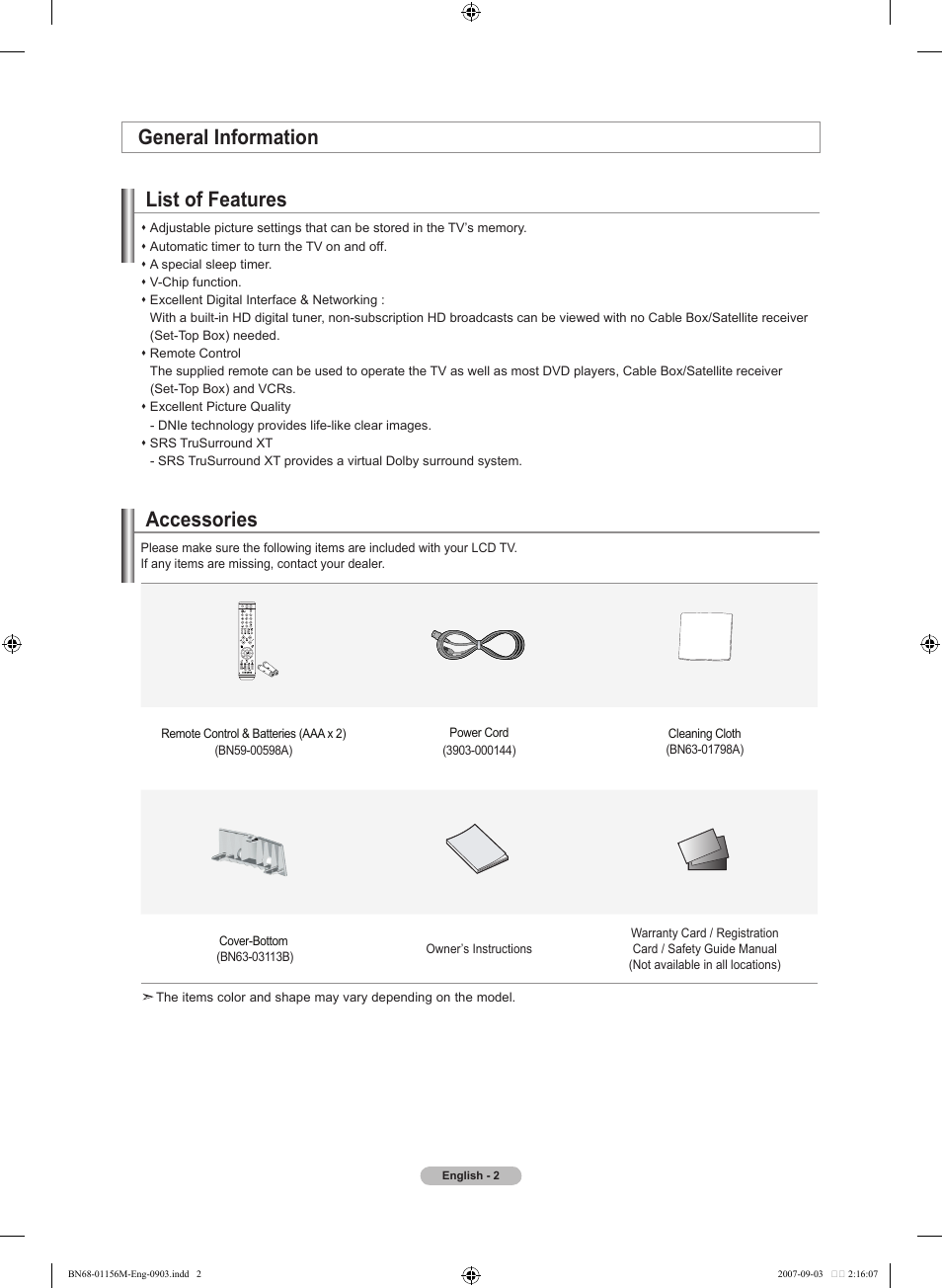General information, List of features, Accessories | General information list of features | Samsung LNT3753HX-XAA User Manual | Page 4 / 139