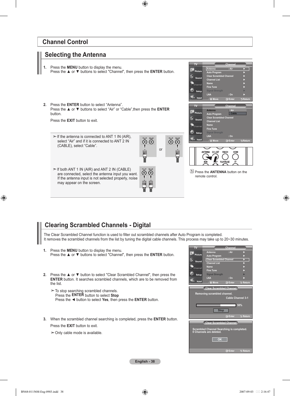 Channel control, Selecting the antenna, Clearing scrambled channels - digital | Channel control selecting the antenna | Samsung LNT3753HX-XAA User Manual | Page 40 / 139