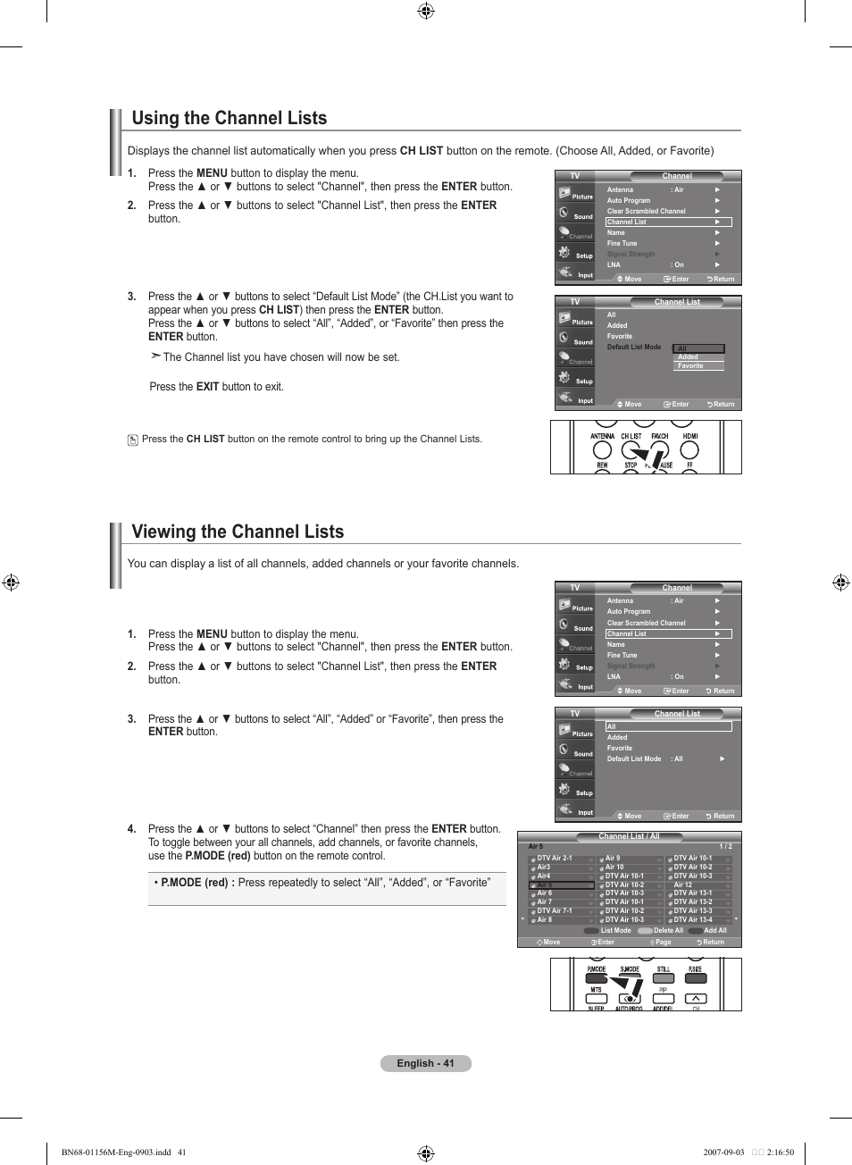 Using the channel lists, Viewing the channel lists | Samsung LNT3753HX-XAA User Manual | Page 43 / 139