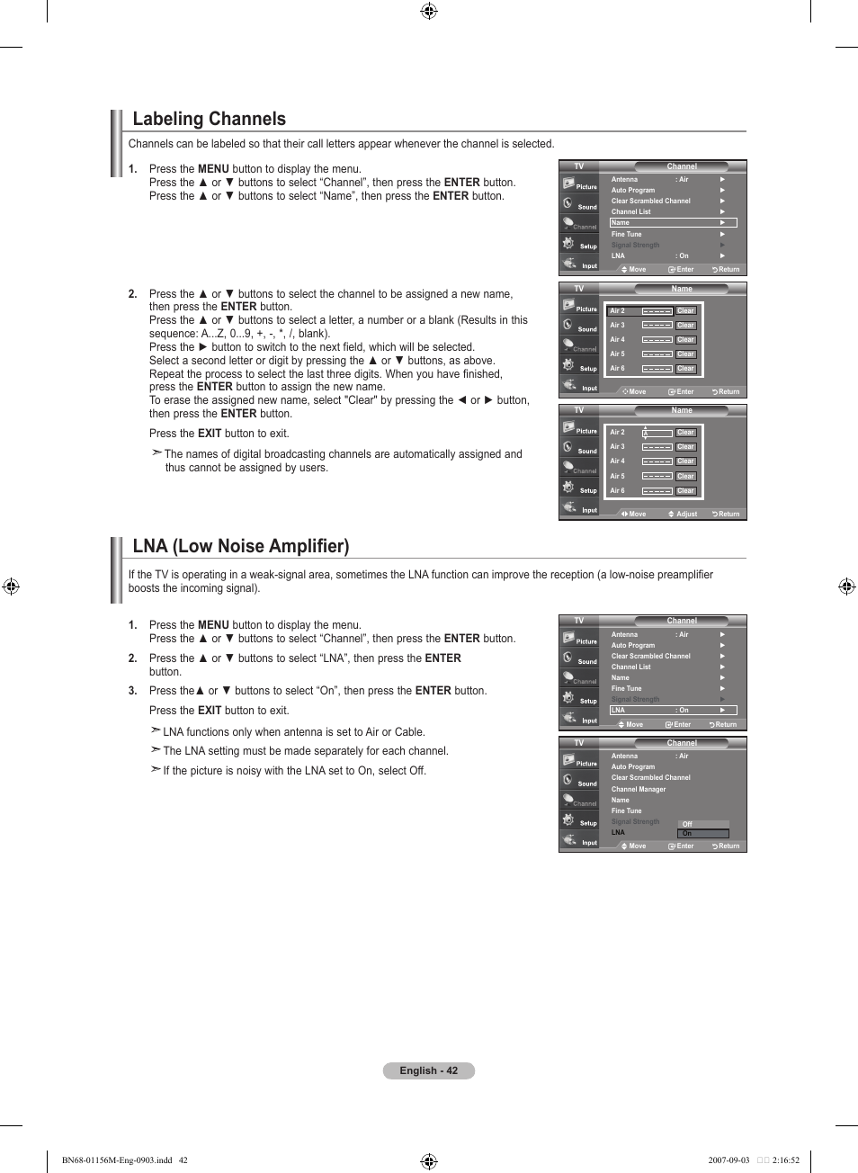 Labeling channels, Lna (low noise amplifier) | Samsung LNT3753HX-XAA User Manual | Page 44 / 139