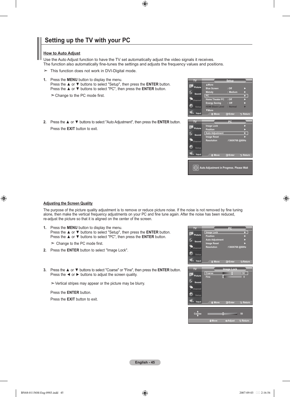 Setting up the tv with your pc, This function does not work in dvi-digital mode | Samsung LNT3753HX-XAA User Manual | Page 47 / 139