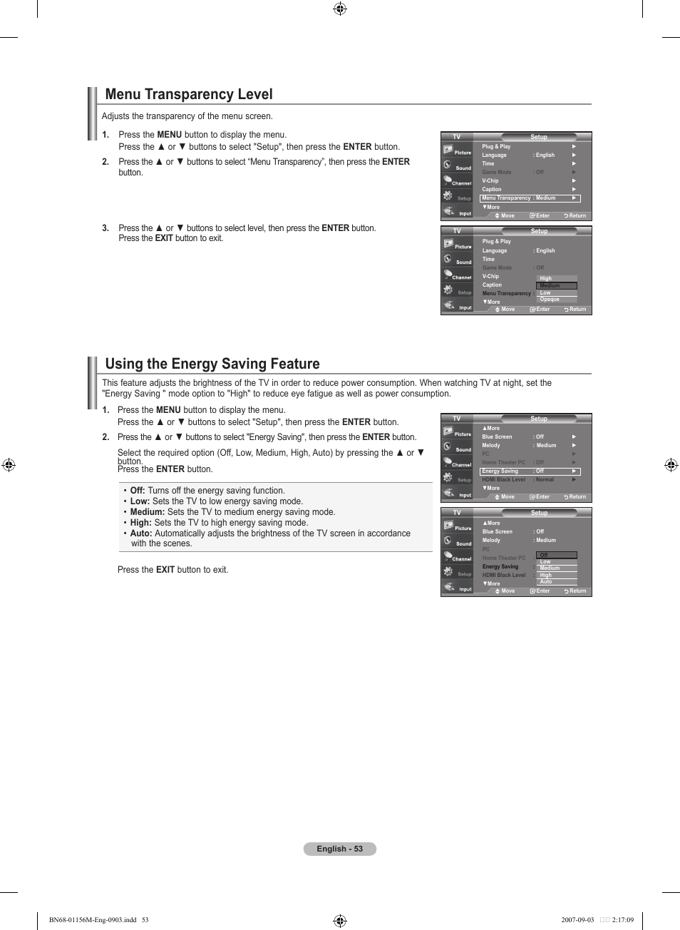 Menu transparency level, Using the energy saving feature | Samsung LNT3753HX-XAA User Manual | Page 55 / 139