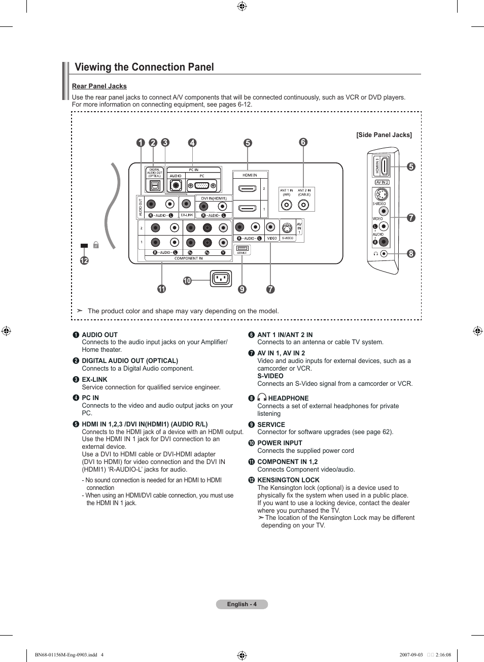 Viewing the connection panel | Samsung LNT3753HX-XAA User Manual | Page 6 / 139