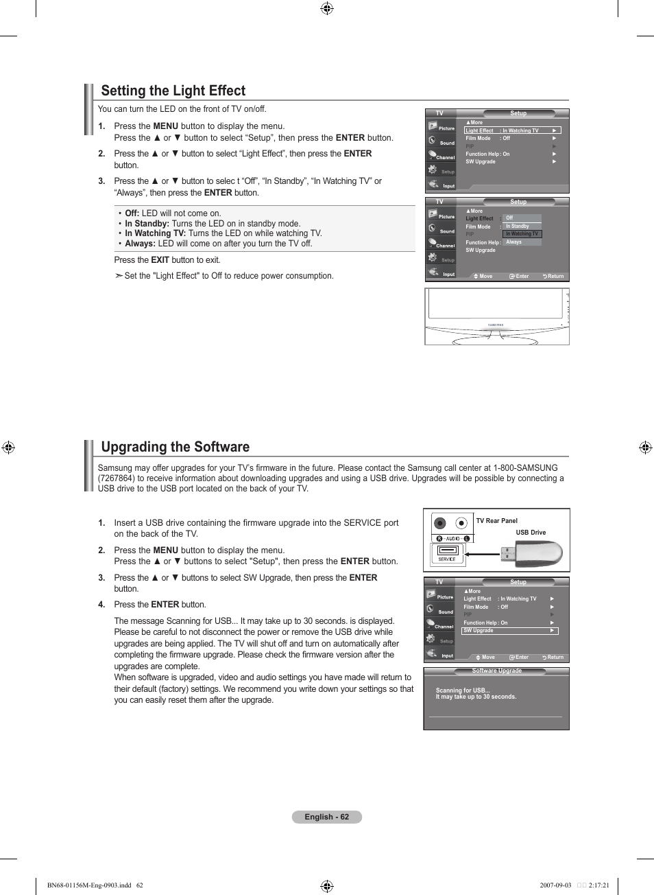 Setting the light effect, Upgrading the software | Samsung LNT3753HX-XAA User Manual | Page 64 / 139