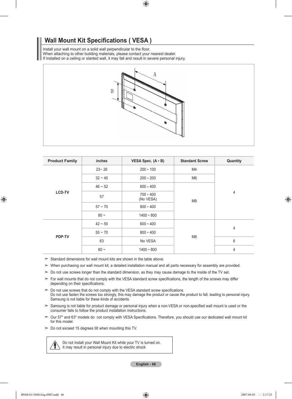 Wall mount kit specifications ( vesa ) | Samsung LNT3753HX-XAA User Manual | Page 68 / 139