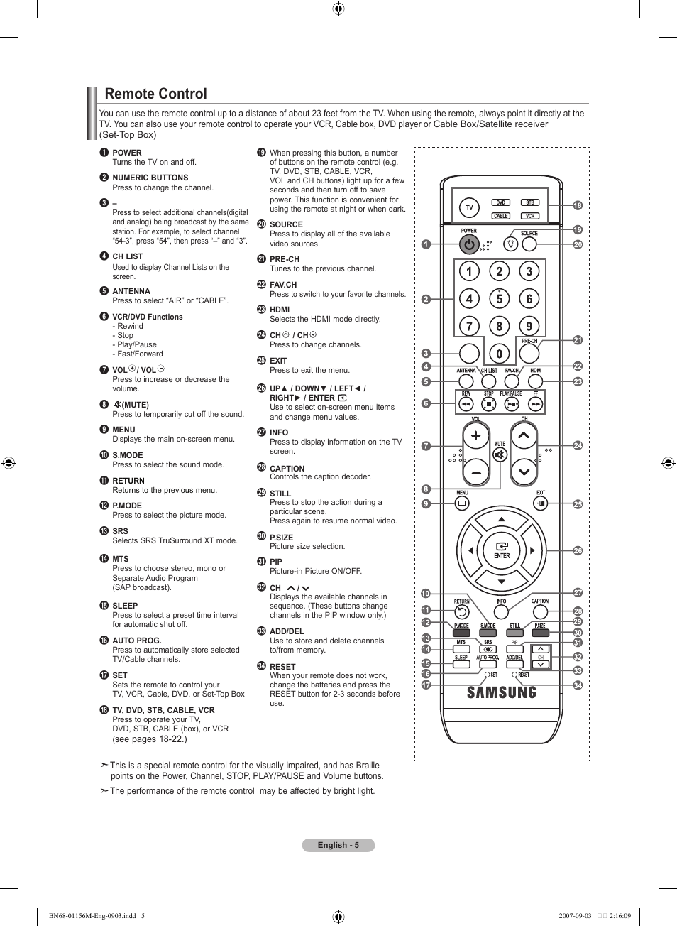 Remote control | Samsung LNT3753HX-XAA User Manual | Page 7 / 139