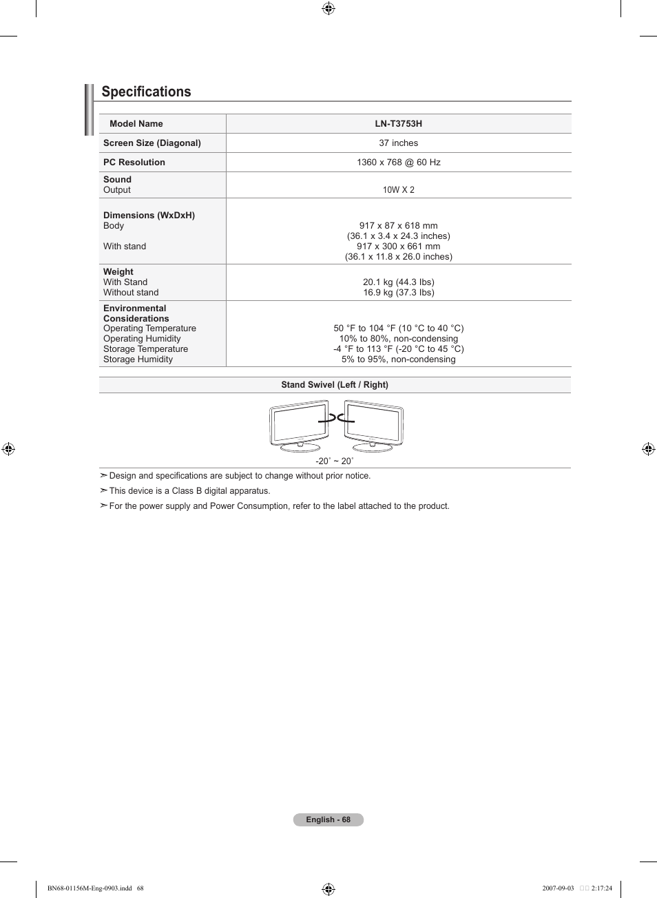 Specifications | Samsung LNT3753HX-XAA User Manual | Page 70 / 139