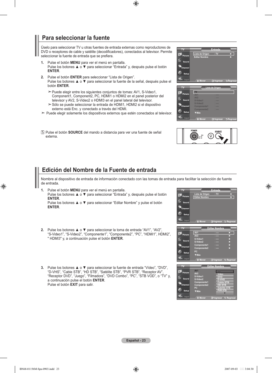Para seleccionar la fuente, Edición del nombre de la fuente de entrada | Samsung LNT3753HX-XAA User Manual | Page 94 / 139