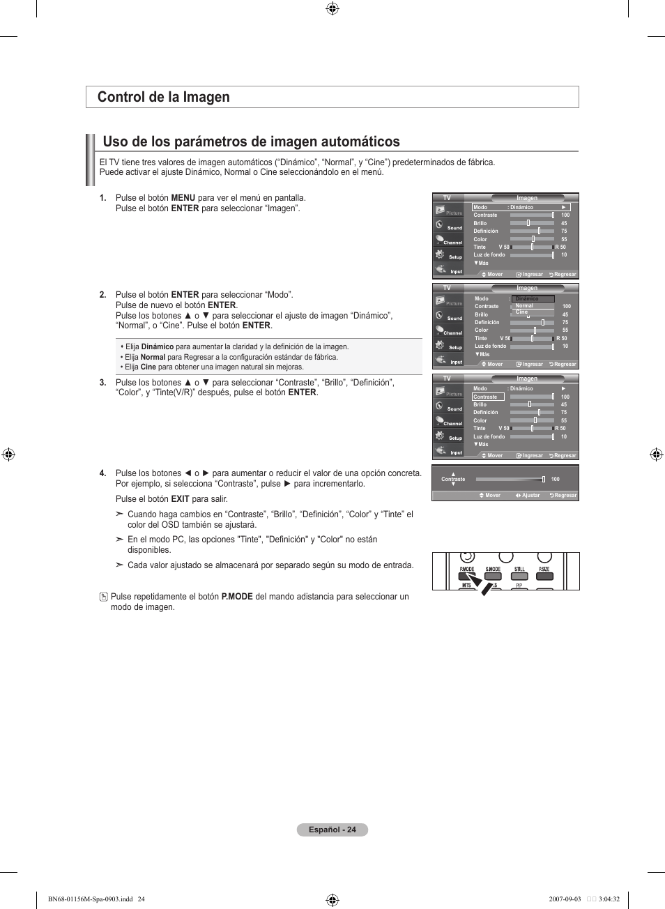 Uso de los parámetros de imagen automáticos, Control de la imagen | Samsung LNT3753HX-XAA User Manual | Page 95 / 139
